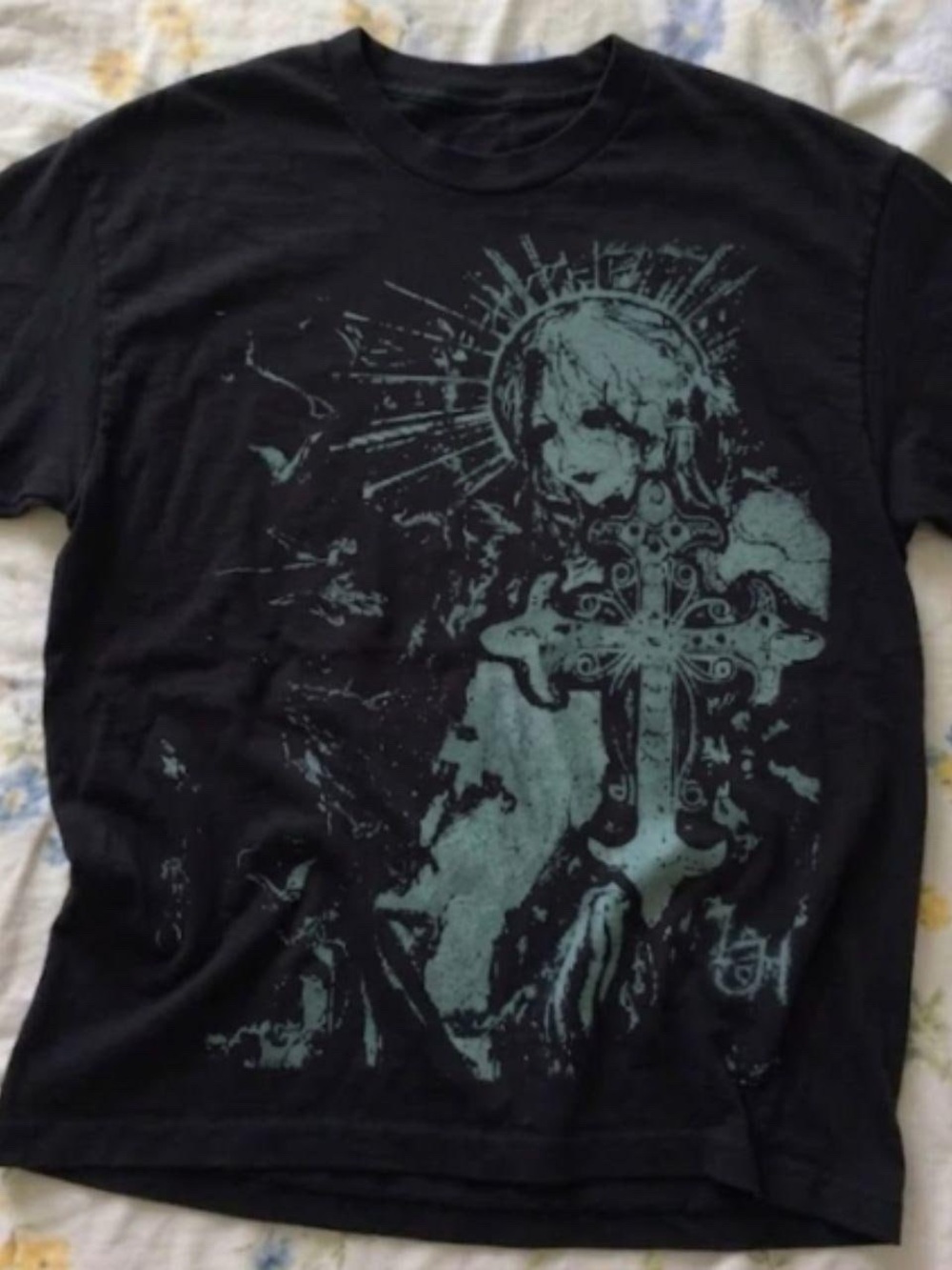 Black Graphic Gothic Cross Angel Anime Print T-Shirt unisex